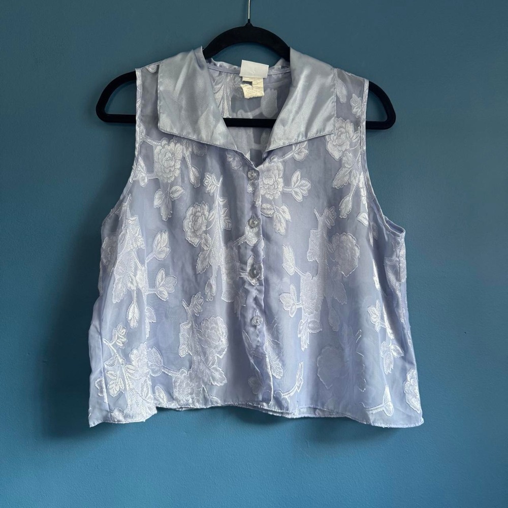 Vintage Sheer Blouse Women's Size Large Purple Secret Treasures Collared Floral